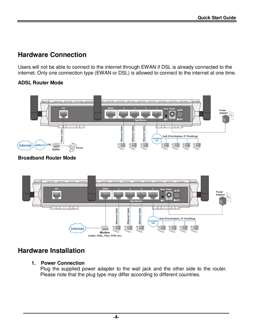 Billion Electric Company BEC 7800(N) Hardware Connection, Hardware Installation, Adsl Router Mode Broadband Router Mode 