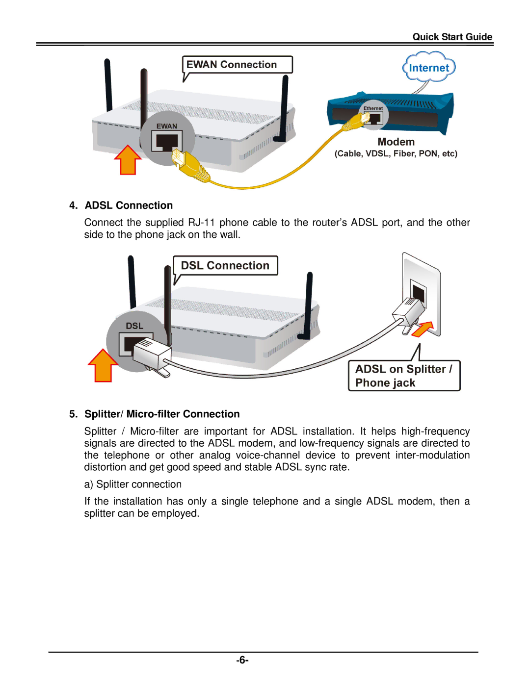 Billion Electric Company BEC 7800(N) quick start Adsl Connection, Splitter/ Micro-filter Connection 