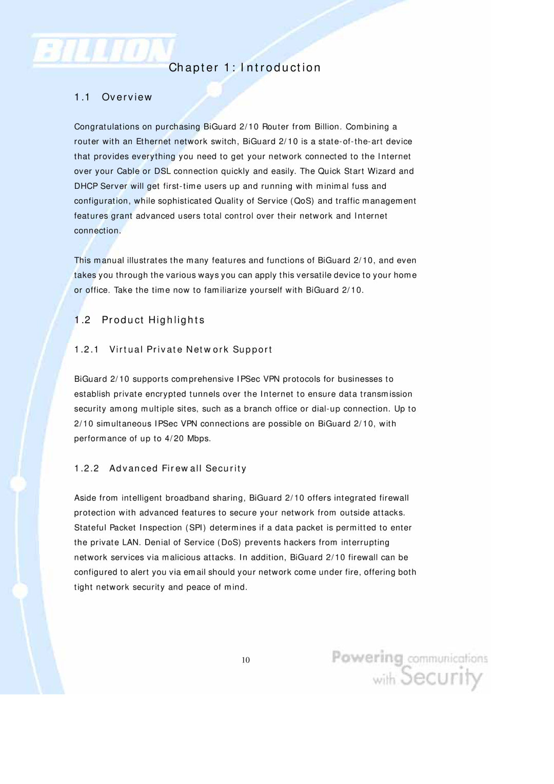 Billion Electric Company BiGuard 2, BiGuard 10 user manual Product Highlights, Virtual Private Network Support 