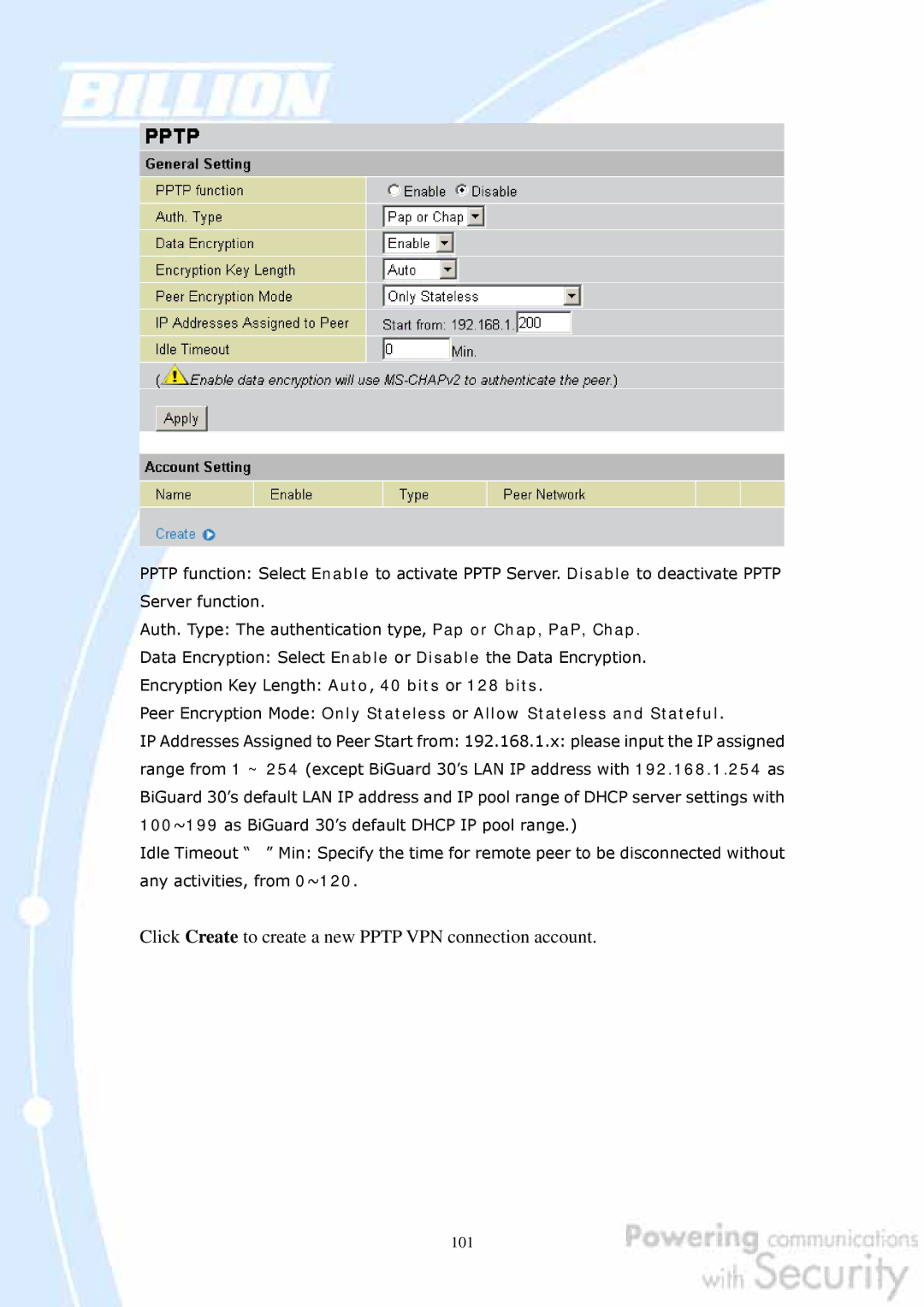 Billion Electric Company BiGuard 10, BiGuard 2 user manual Click Create to create a new Pptp VPN connection account 