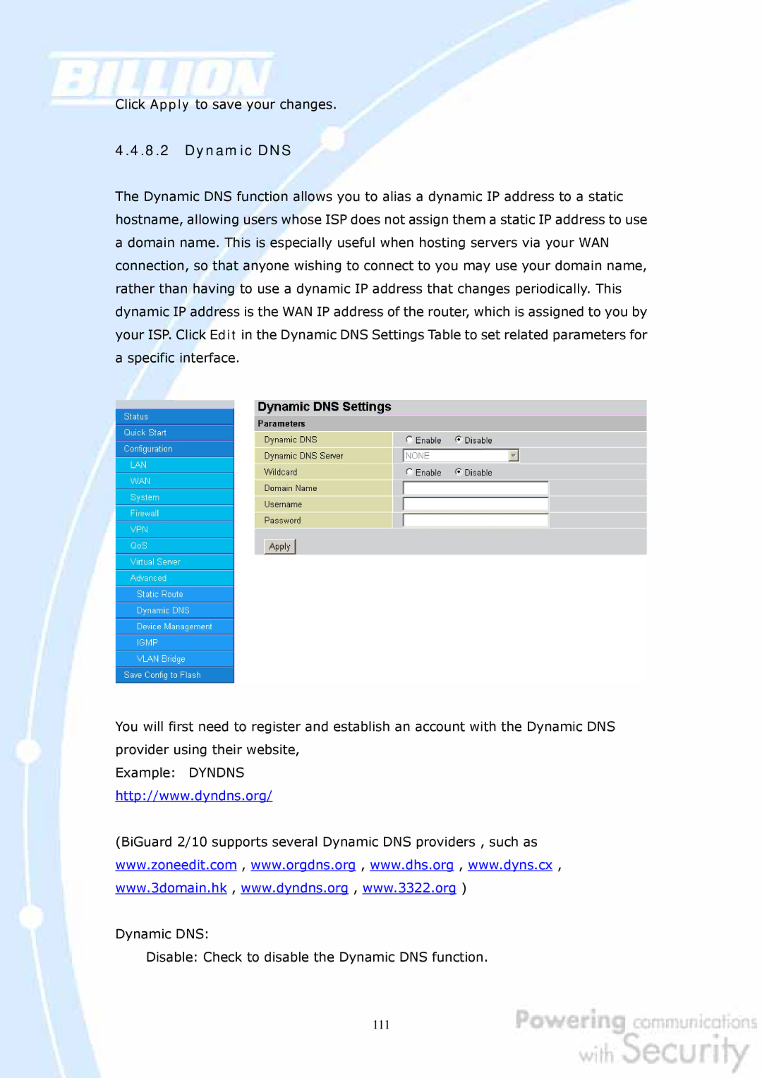 Billion Electric Company BiGuard 10, BiGuard 2 user manual Dynamic DNS 