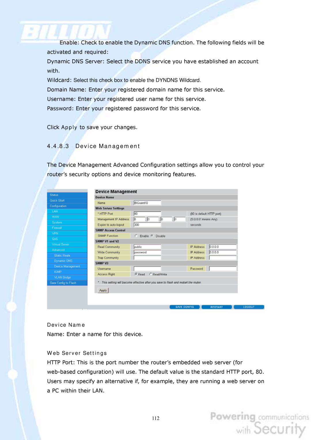 Billion Electric Company BiGuard 2, BiGuard 10 user manual Device Management, Device Name, Web Server Settings 