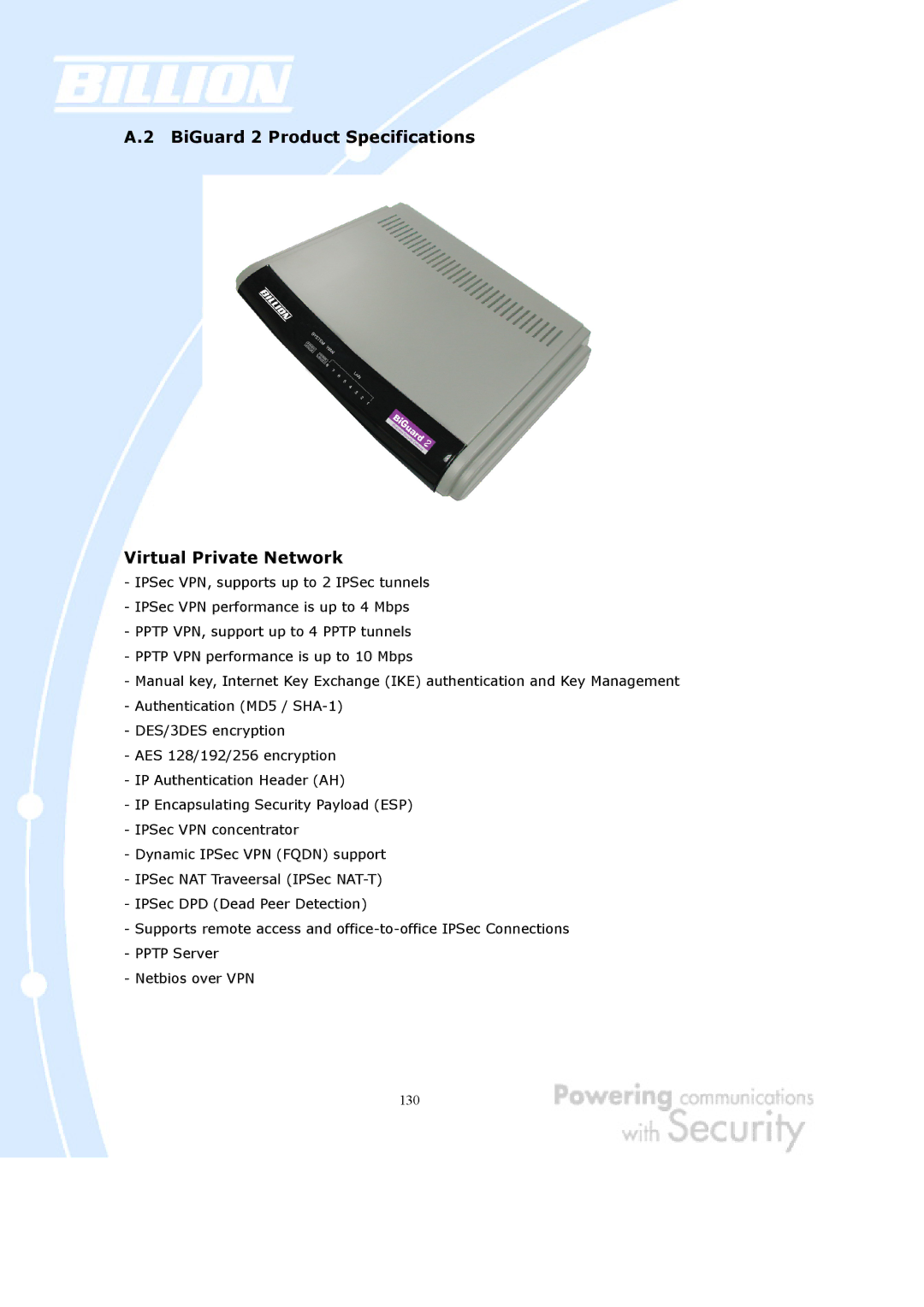 Billion Electric Company BiGuard 10 user manual BiGuard 2 Product Specifications Virtual Private Network 