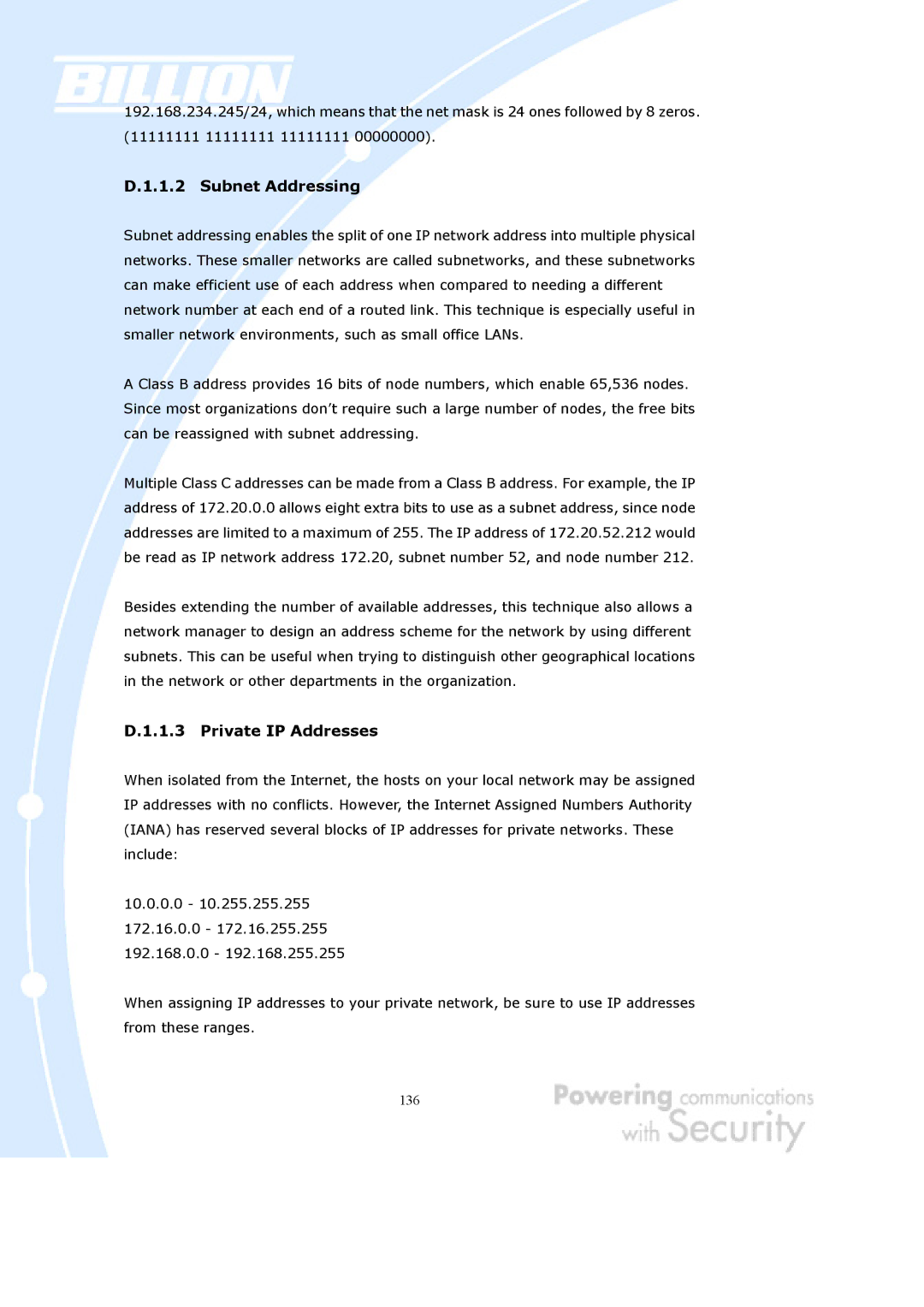 Billion Electric Company BiGuard 2, BiGuard 10 user manual Subnet Addressing, Private IP Addresses 