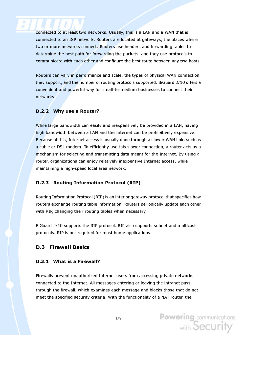 Billion Electric Company BiGuard 2, BiGuard 10 user manual 138 