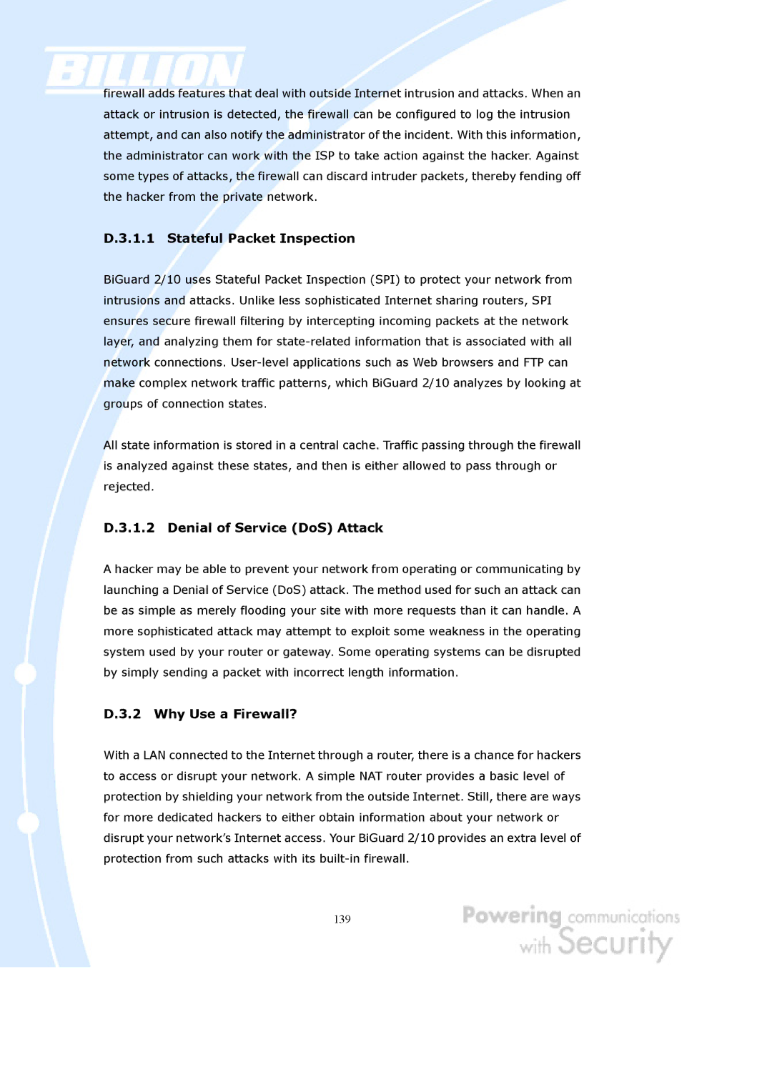 Billion Electric Company BiGuard 10, BiGuard 2 user manual Stateful Packet Inspection, Denial of Service DoS Attack 