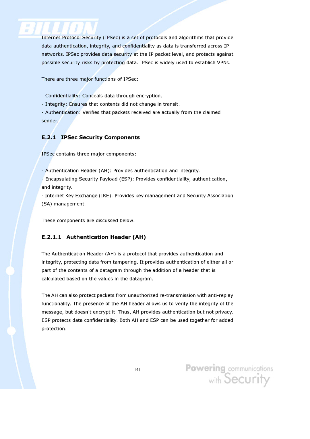 Billion Electric Company BiGuard 10, BiGuard 2 user manual IPSec Security Components, Authentication Header AH 