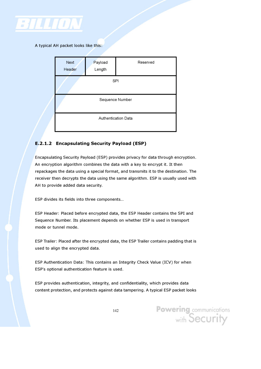 Billion Electric Company BiGuard 2, BiGuard 10 user manual Encapsulating Security Payload ESP 