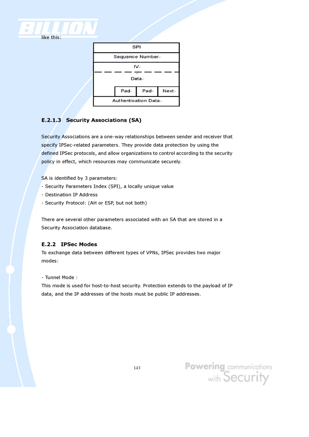 Billion Electric Company BiGuard 10, BiGuard 2 user manual Security Associations SA, IPSec Modes 