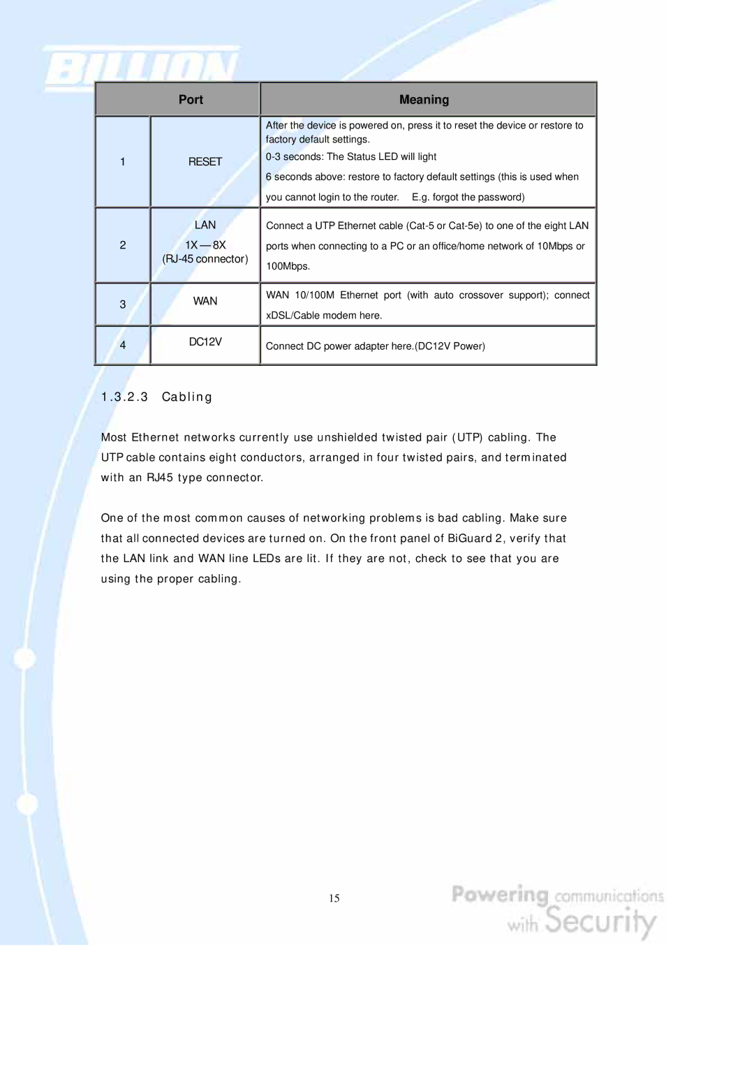 Billion Electric Company BiGuard 10, BiGuard 2 user manual WAN DC12V, Cabling 