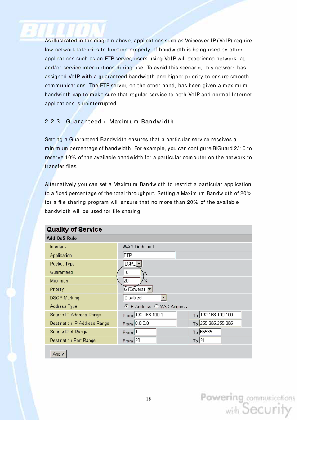 Billion Electric Company BiGuard 2, BiGuard 10 user manual Guaranteed / Maximum Bandwidth 