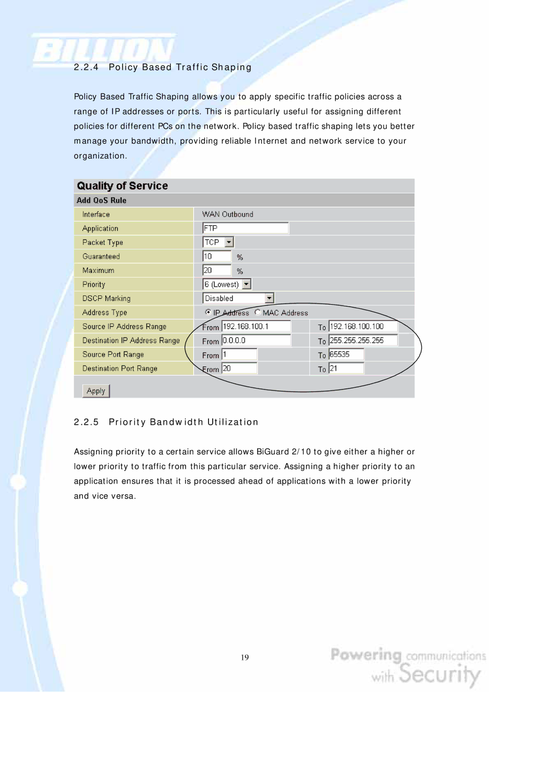 Billion Electric Company BiGuard 10, BiGuard 2 user manual Policy Based Traffic Shaping 