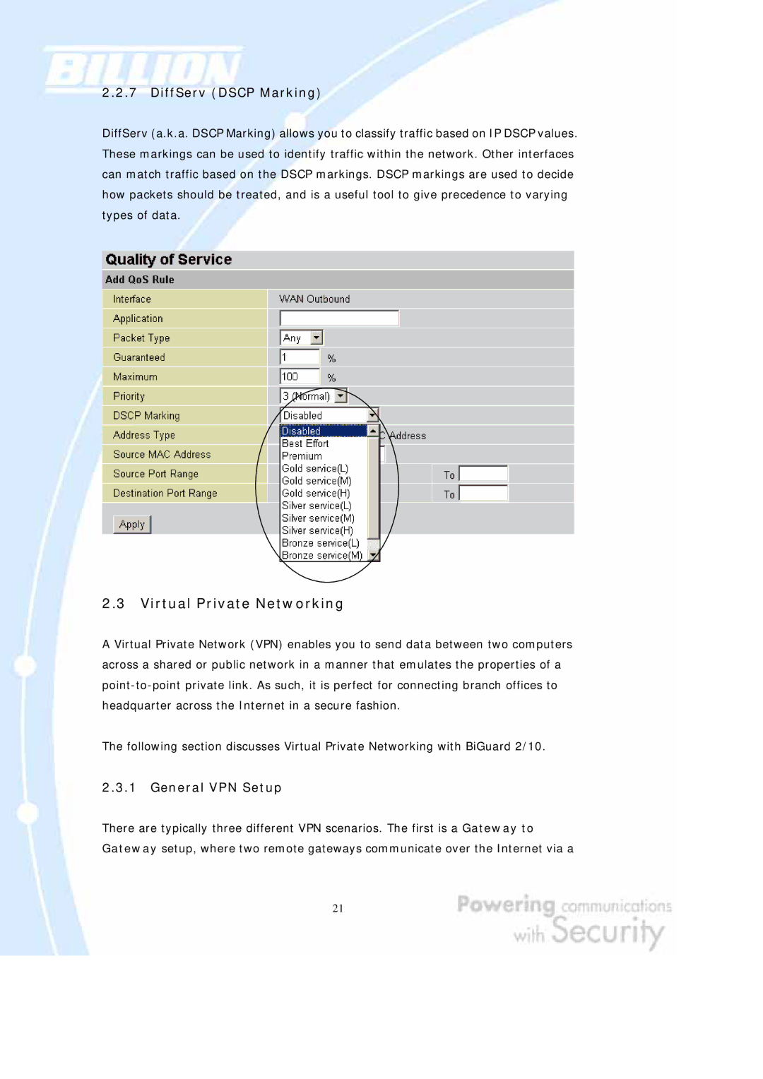 Billion Electric Company BiGuard 10, BiGuard 2 user manual DiffServ Dscp Marking, General VPN Setup 