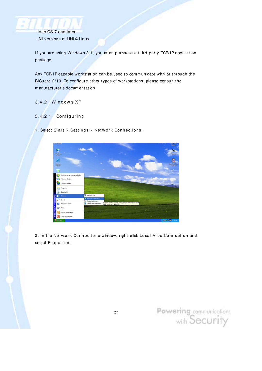 Billion Electric Company BiGuard 10, BiGuard 2 user manual Windows XP 3.4.2.1 Configuring 