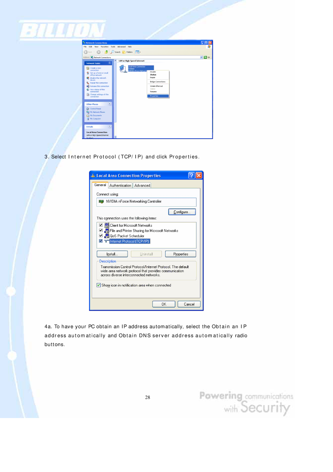 Billion Electric Company BiGuard 2, BiGuard 10 user manual Select Internet Protocol TCP/IP and click Properties 