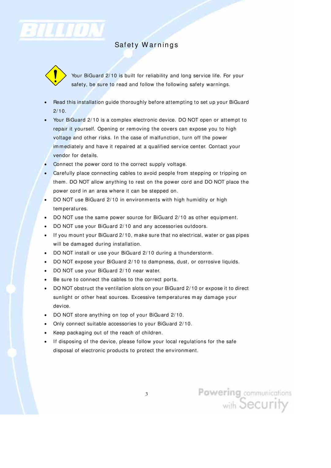 Billion Electric Company BiGuard 10, BiGuard 2 user manual Safety Warnings 