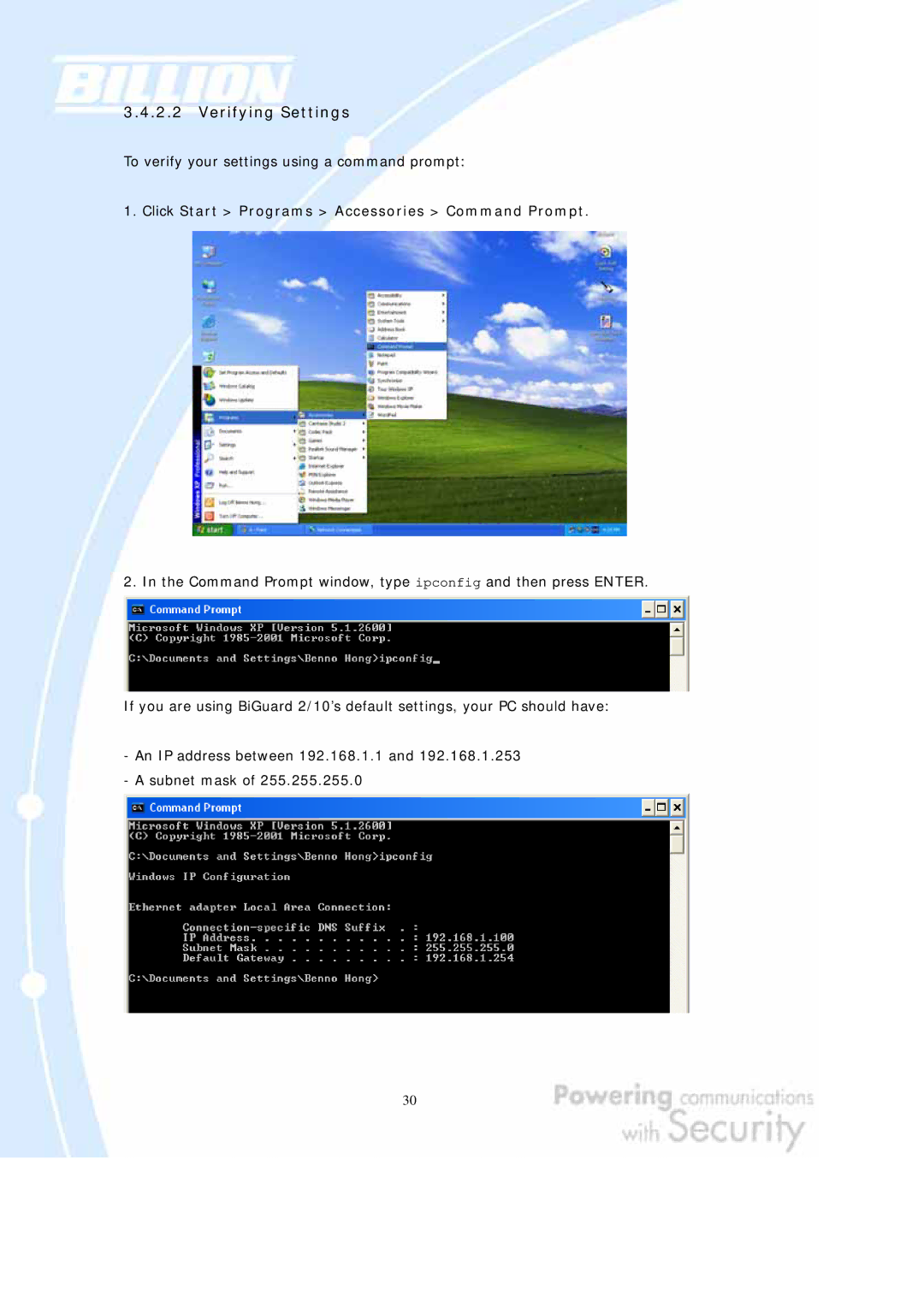 Billion Electric Company BiGuard 2, BiGuard 10 Verifying Settings, Click Start Programs Accessories Command Prompt 