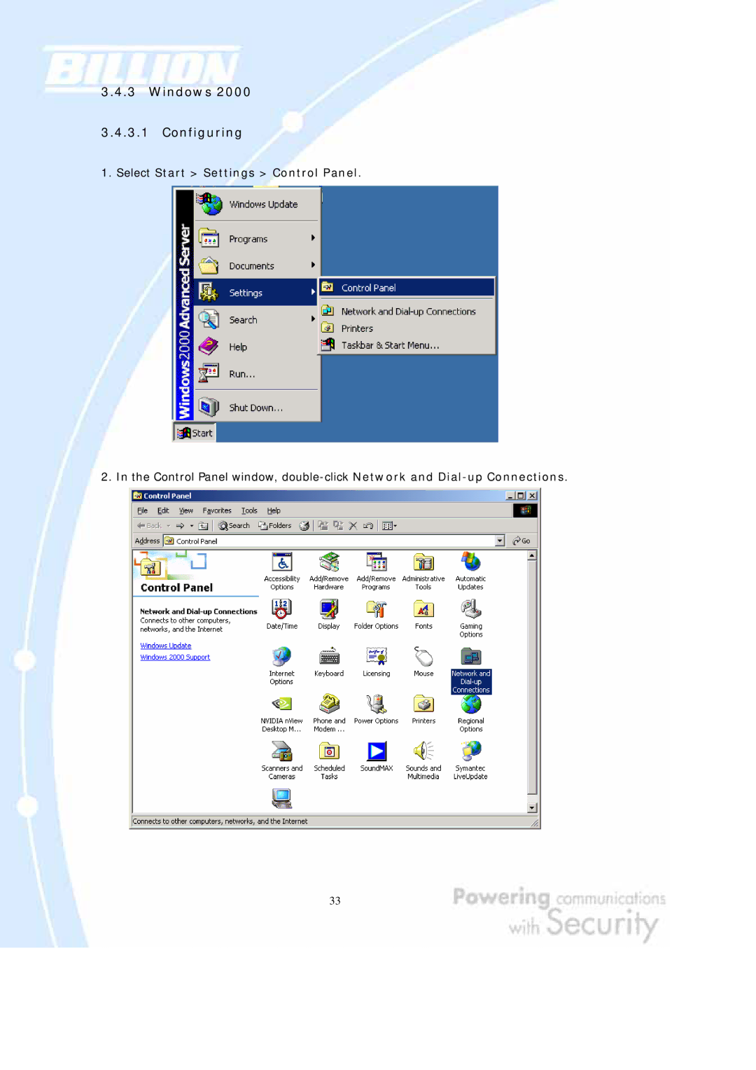 Billion Electric Company BiGuard 10, BiGuard 2 Windows 2000 3.4.3.1 Configuring, Select Start Settings Control Panel 