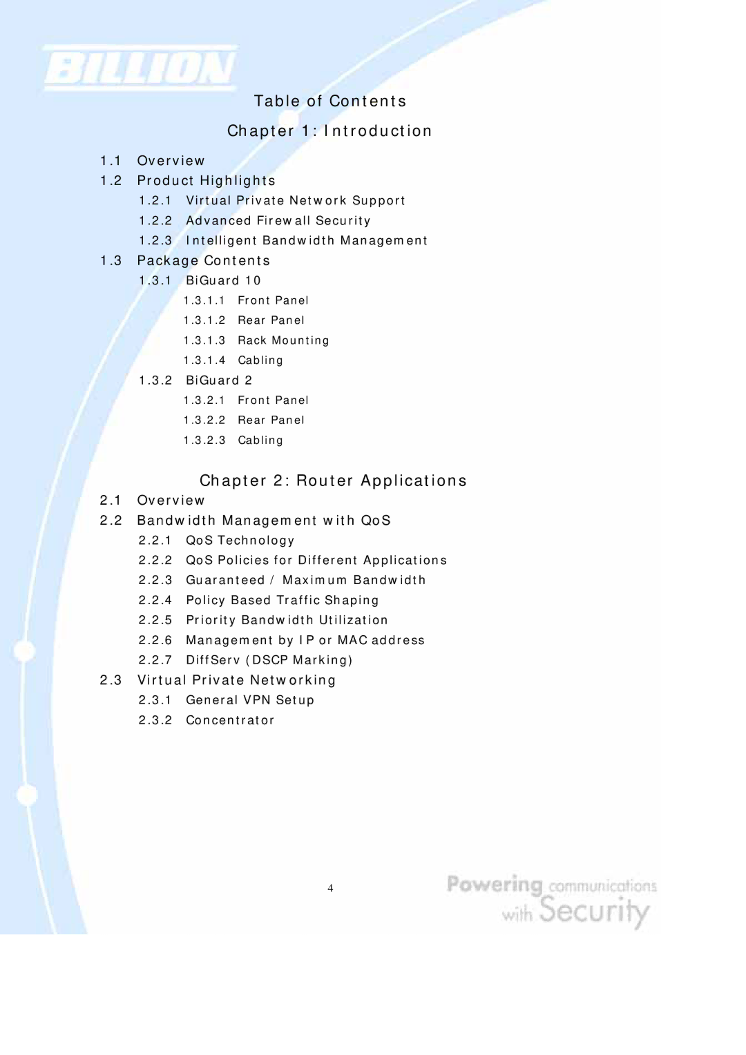 Billion Electric Company BiGuard 2, BiGuard 10 user manual Table of Contents Introduction 