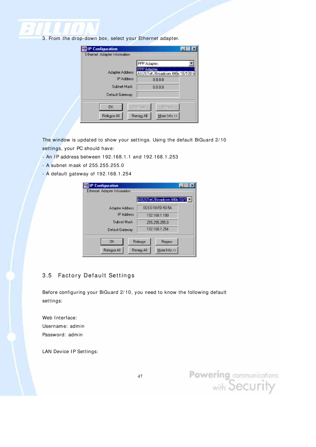 Billion Electric Company BiGuard 10, BiGuard 2 user manual Factory Default Settings 