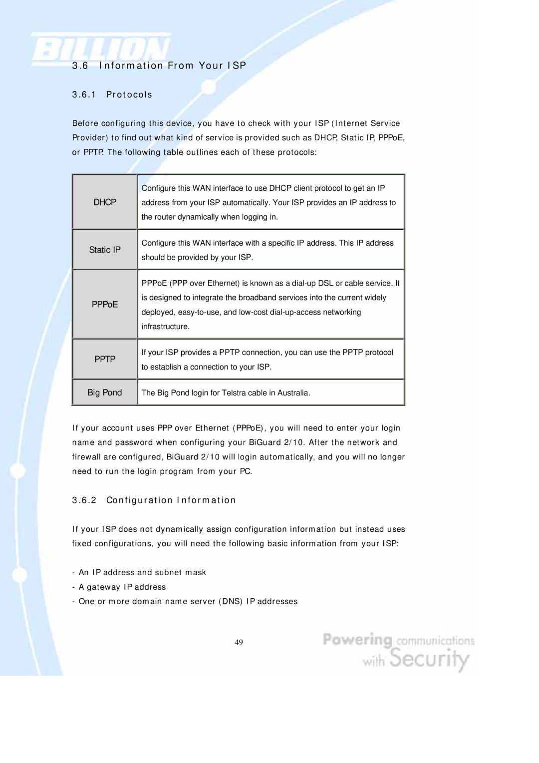 Billion Electric Company BiGuard 10, BiGuard 2 user manual Pptp, Protocols 