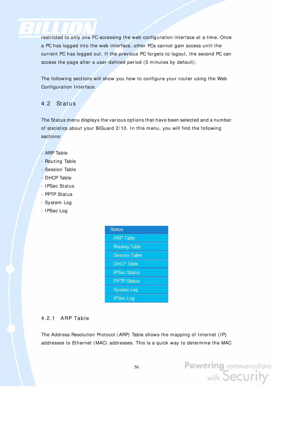 Billion Electric Company BiGuard 2, BiGuard 10 user manual Status, ARP Table 