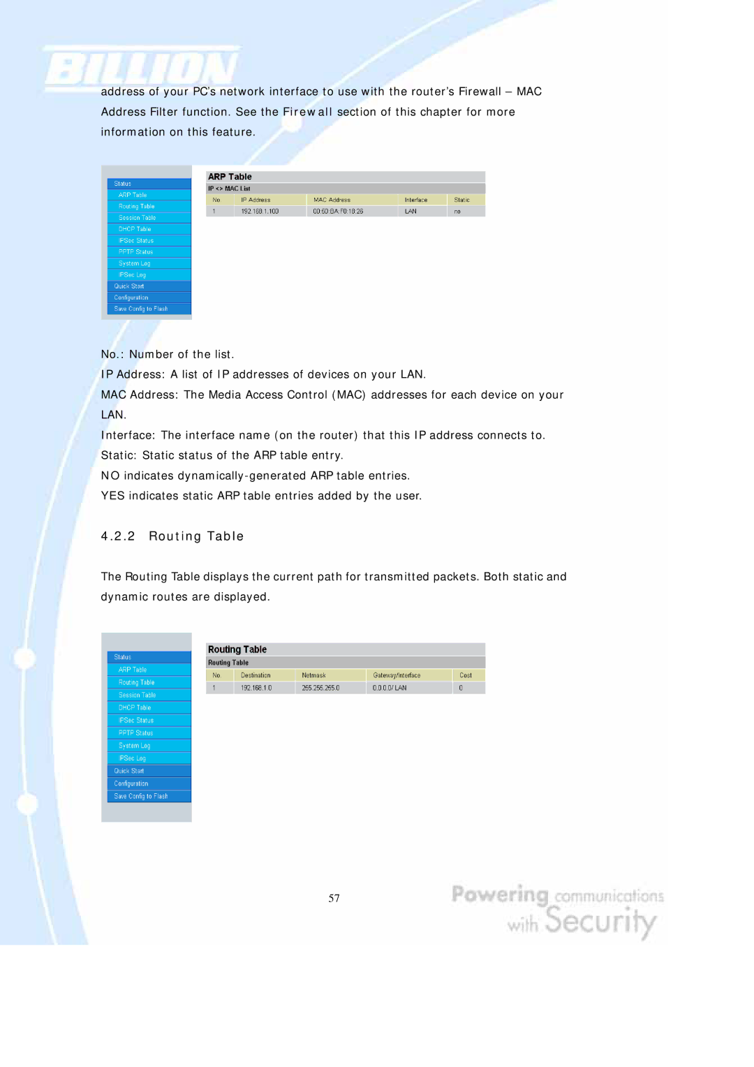 Billion Electric Company BiGuard 10, BiGuard 2 user manual Routing Table 