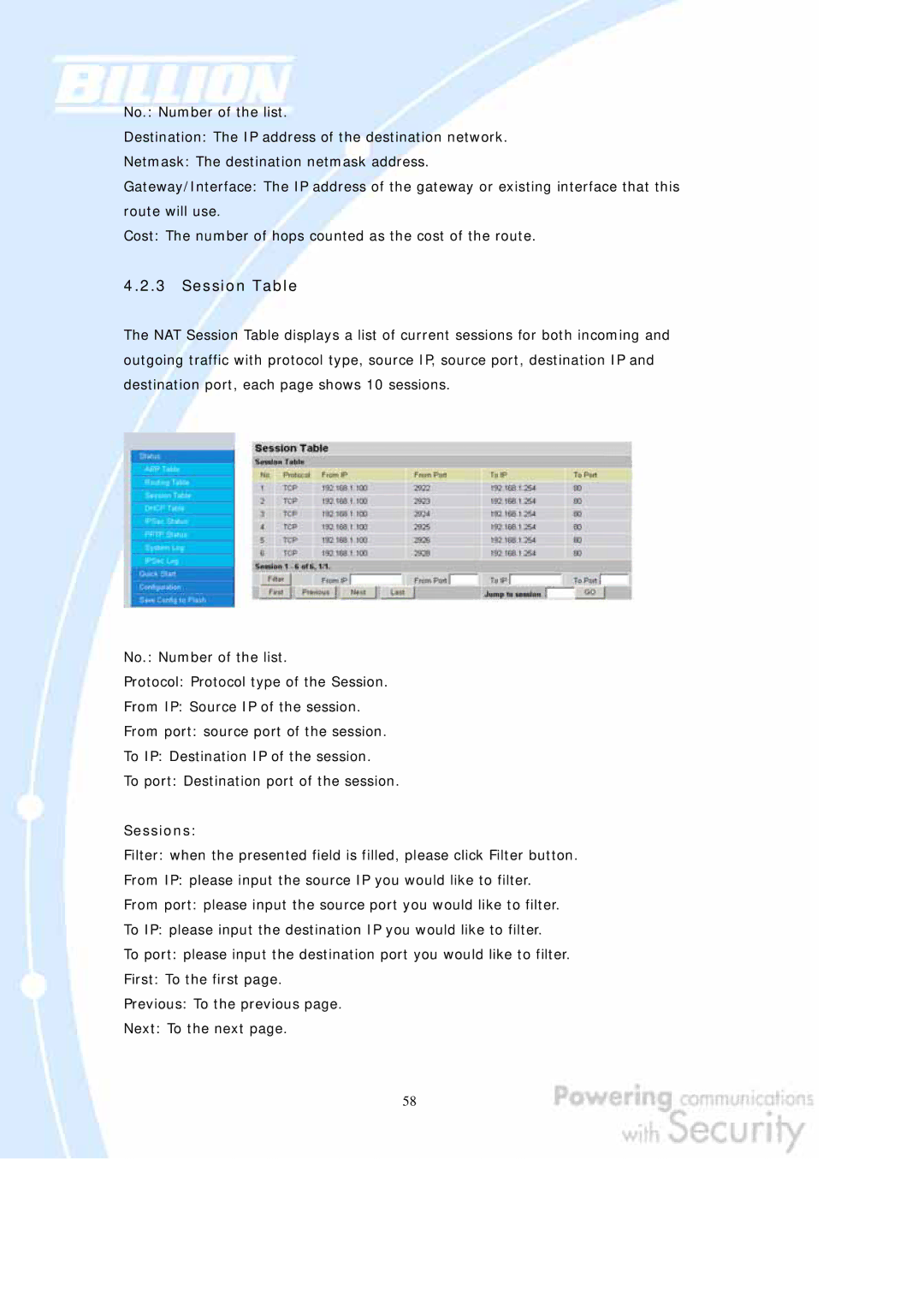 Billion Electric Company BiGuard 2, BiGuard 10 user manual Sessions 