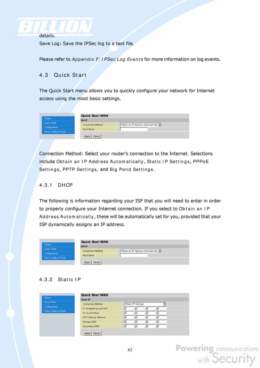 Billion Electric Company BiGuard 2, BiGuard 10 user manual Dhcp, Static IP 