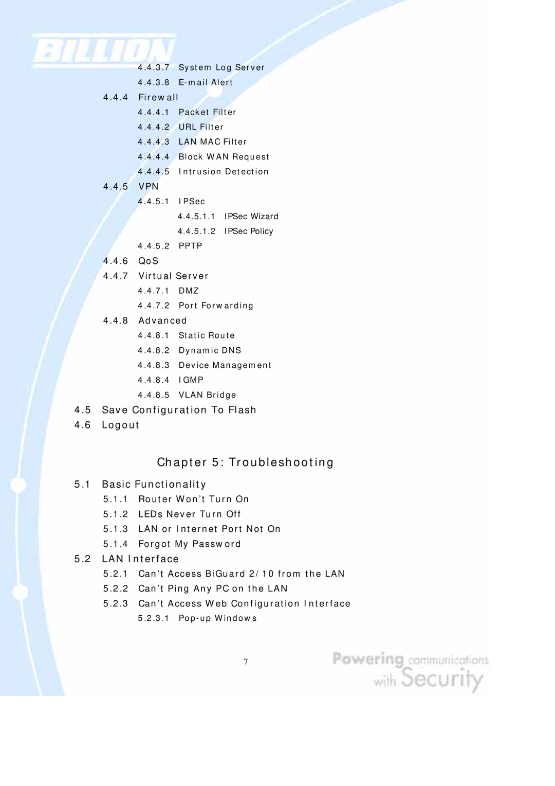 Billion Electric Company BiGuard 10, BiGuard 2 Save Configuration To Flash Logout, Basic Functionality, LAN Interface 