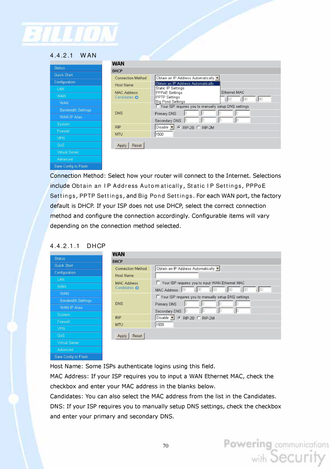 Billion Electric Company BiGuard 2, BiGuard 10 user manual 2.1 WAN, Dhcp 