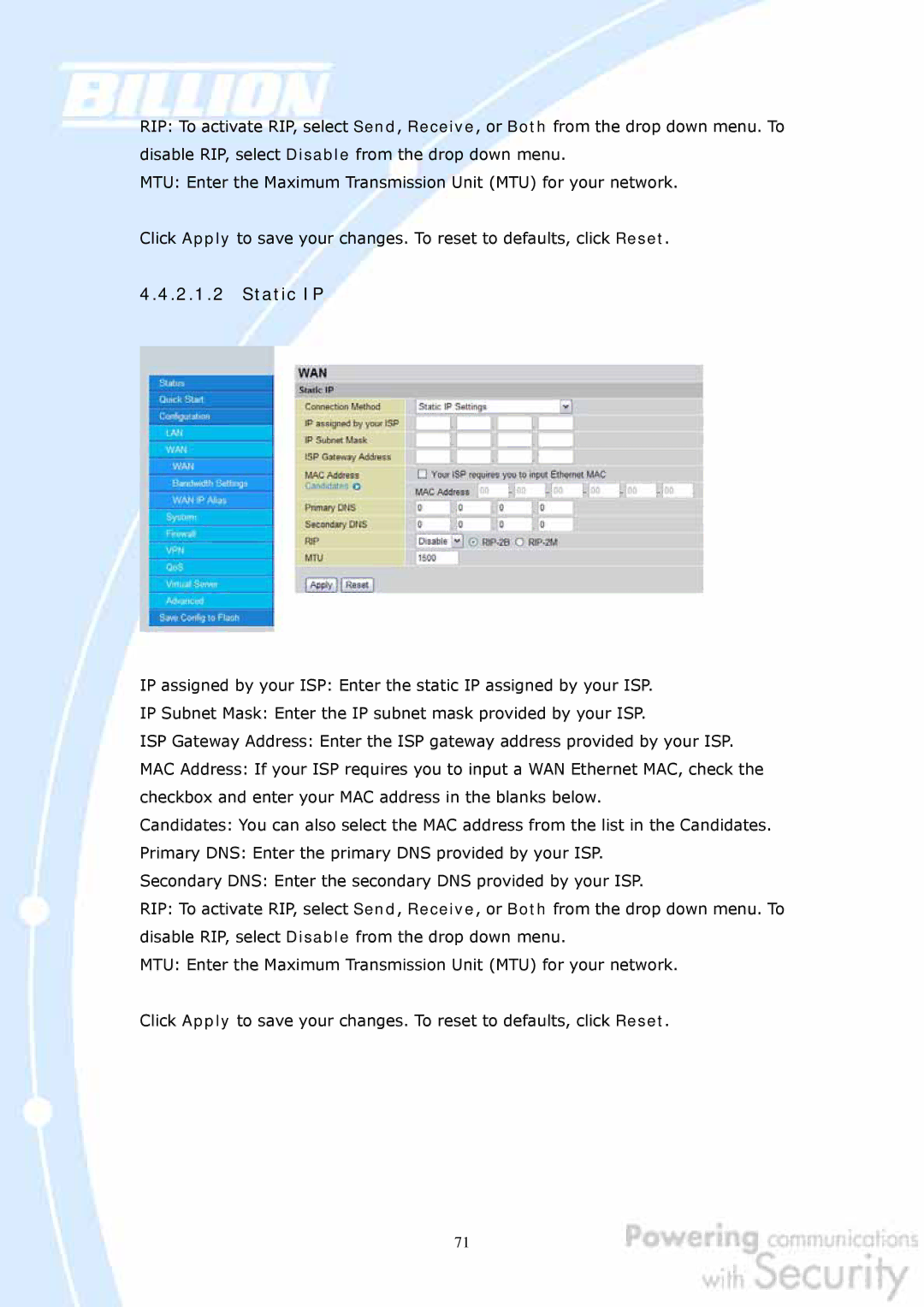 Billion Electric Company BiGuard 10, BiGuard 2 user manual Static IP 