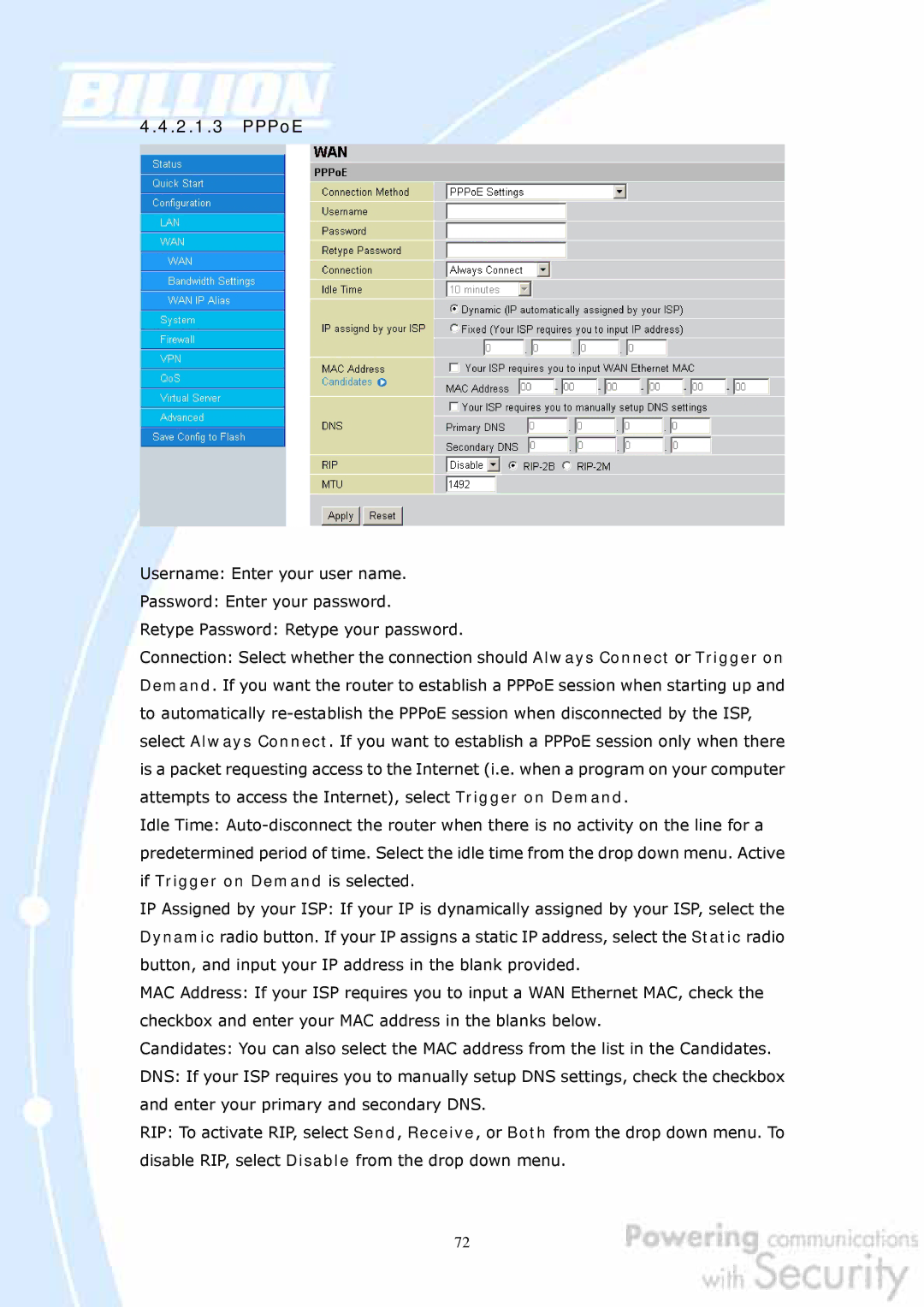 Billion Electric Company BiGuard 2, BiGuard 10 user manual PPPoE 