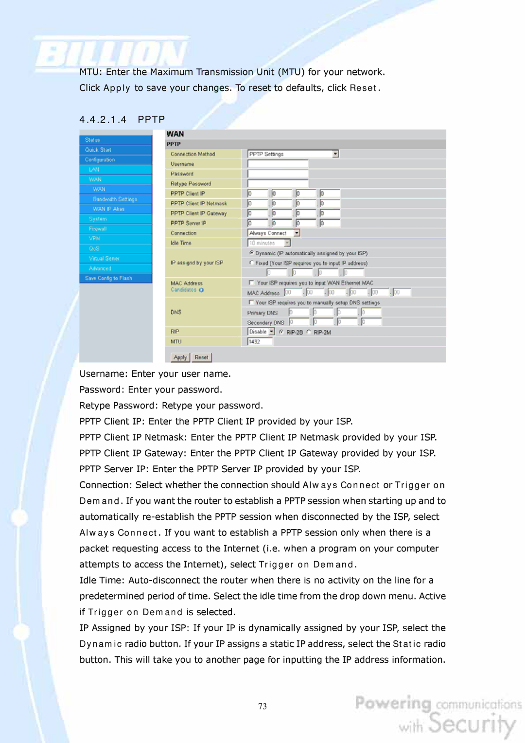 Billion Electric Company BiGuard 10, BiGuard 2 user manual Pptp 