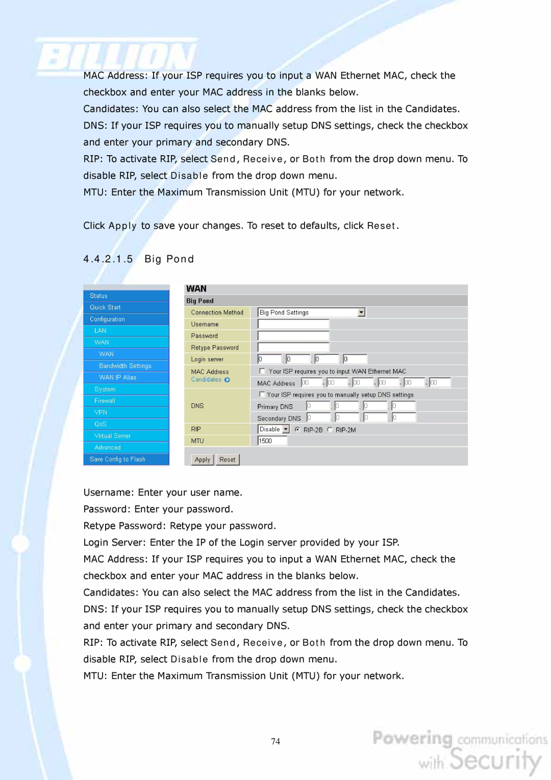 Billion Electric Company BiGuard 2, BiGuard 10 user manual Big Pond 