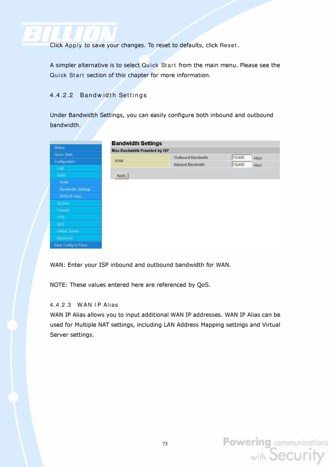 Billion Electric Company BiGuard 10, BiGuard 2 user manual Bandwidth Settings, WAN IP Alias 