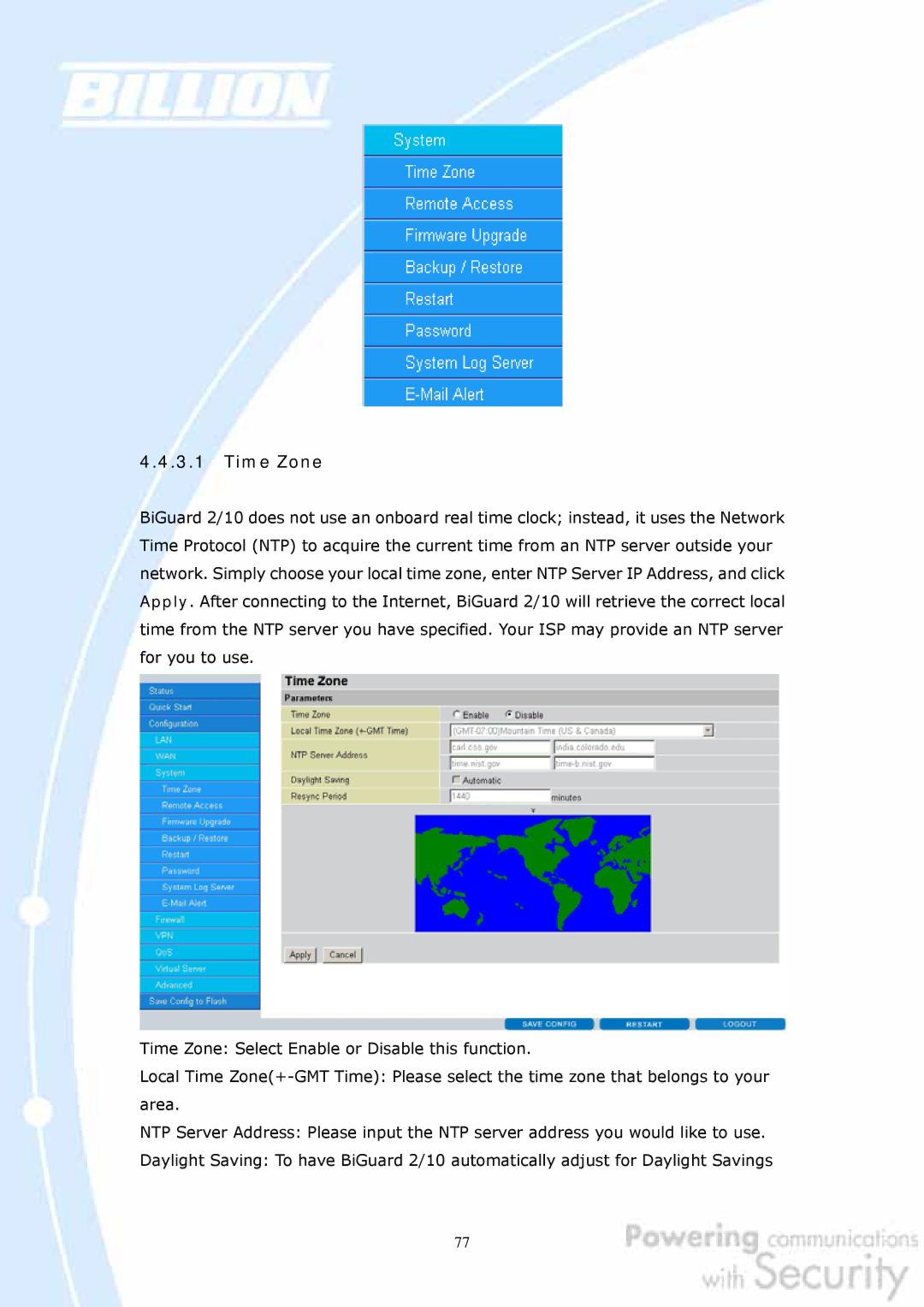 Billion Electric Company BiGuard 10, BiGuard 2 user manual Time Zone 