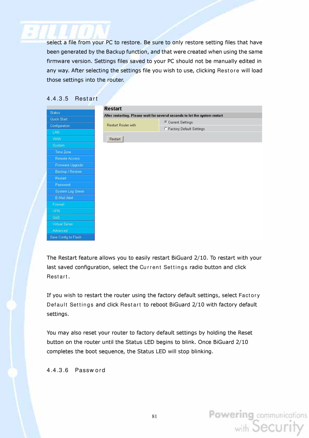 Billion Electric Company BiGuard 10, BiGuard 2 user manual Restart, Password 