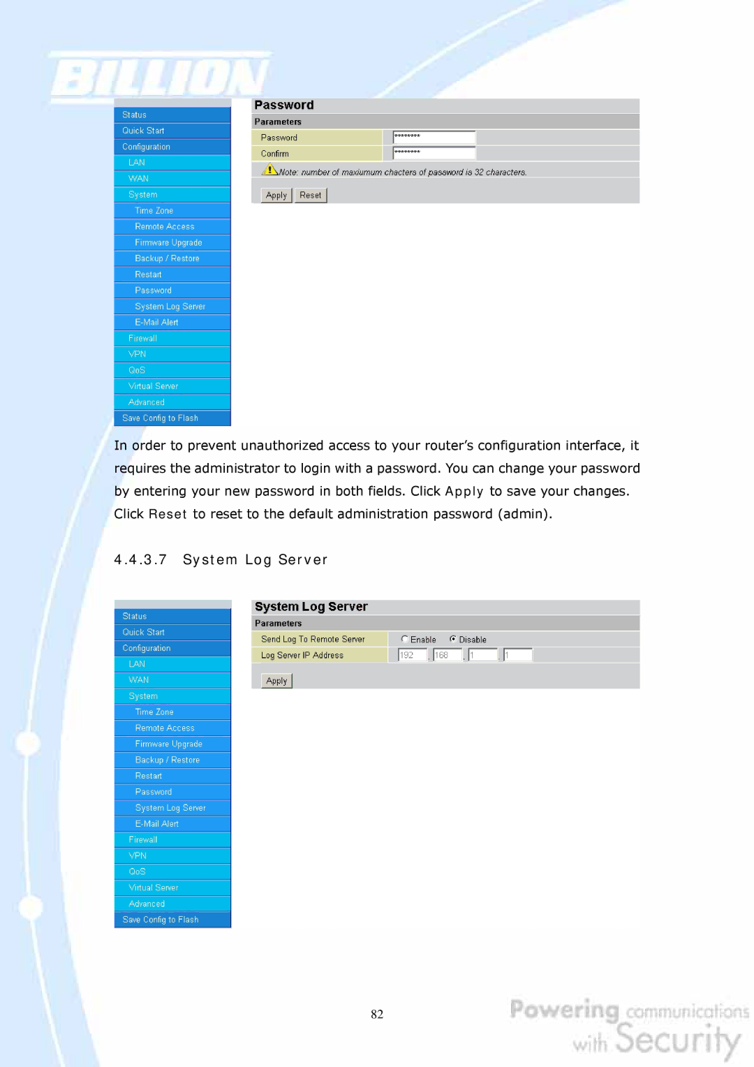 Billion Electric Company BiGuard 2, BiGuard 10 user manual System Log Server 