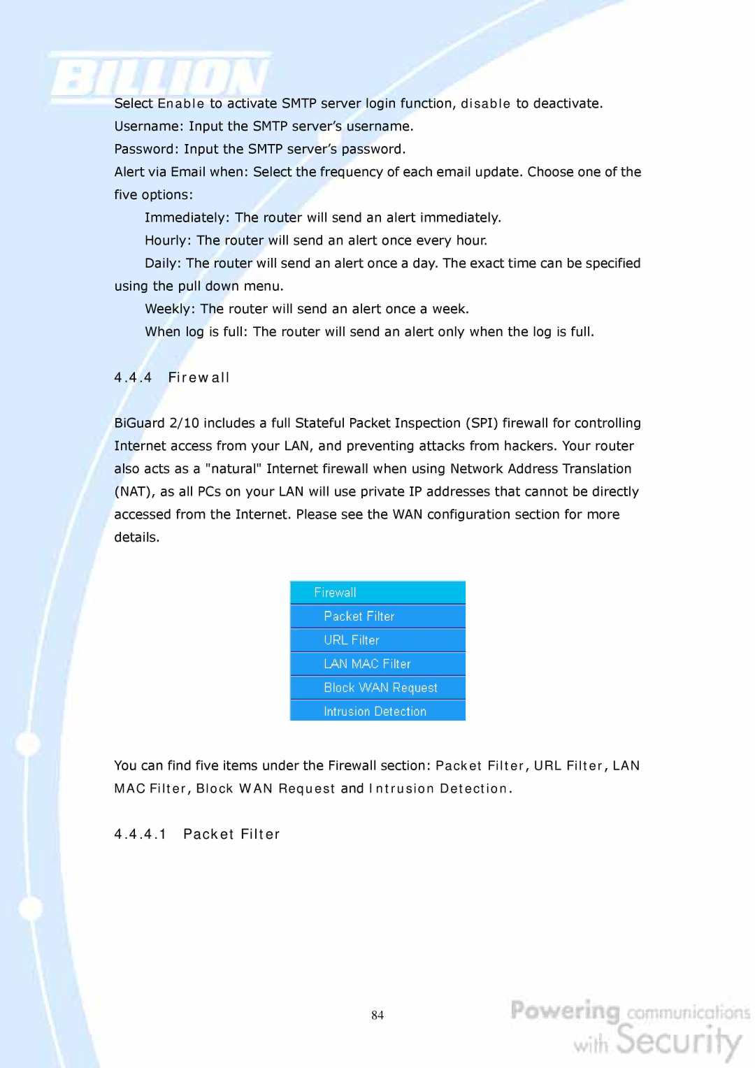 Billion Electric Company BiGuard 2, BiGuard 10 user manual Firewall, Packet Filter 