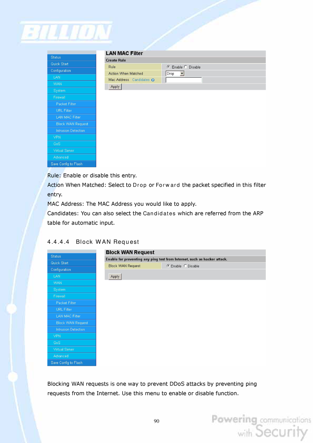 Billion Electric Company BiGuard 2, BiGuard 10 user manual Block WAN Request 