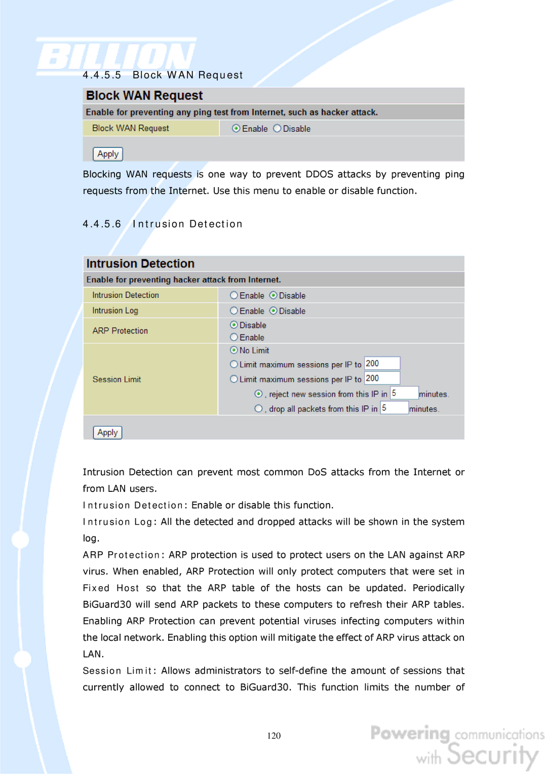 Billion Electric Company BiGuard 50G user manual Block WAN Request, 120 