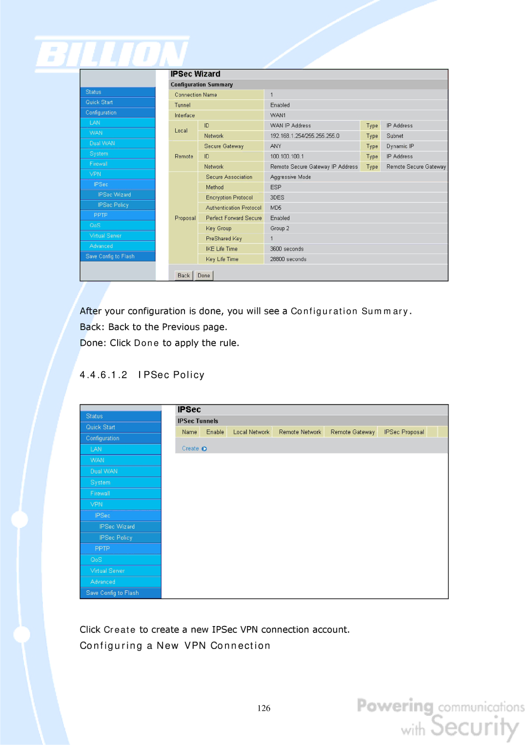 Billion Electric Company BiGuard 50G user manual IPSec Policy, Configuring a New VPN Connection 