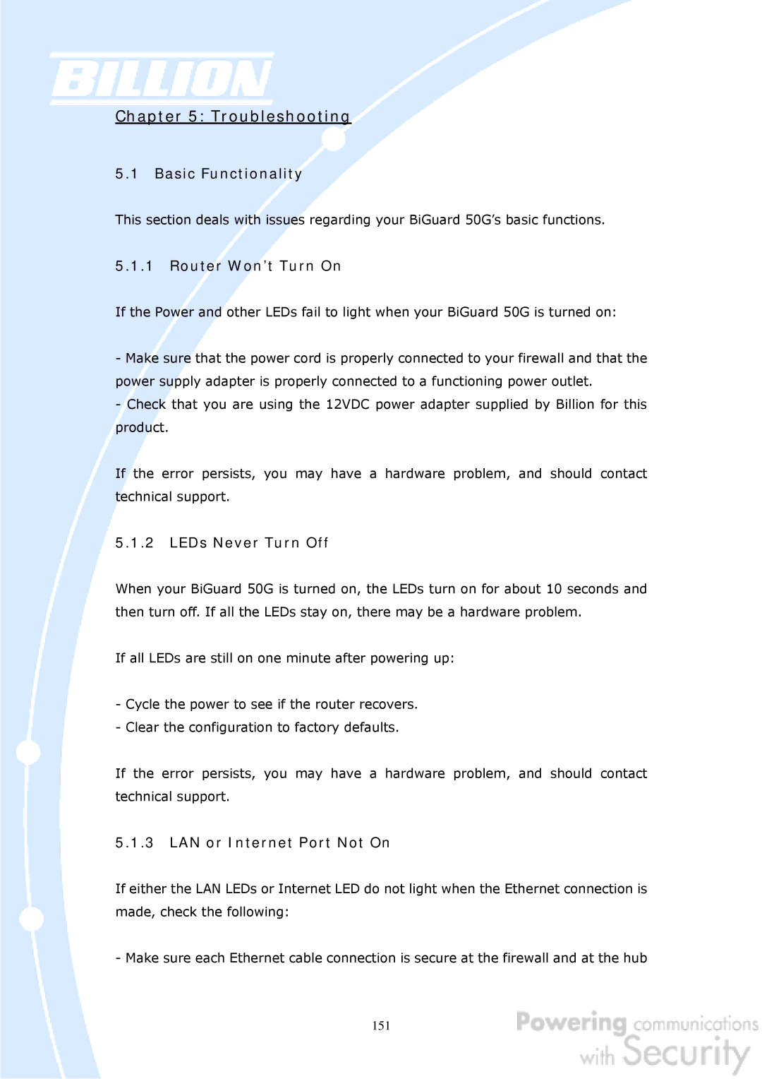 Billion Electric Company BiGuard 50G user manual Basic Functionality, Router Won’t Turn On 