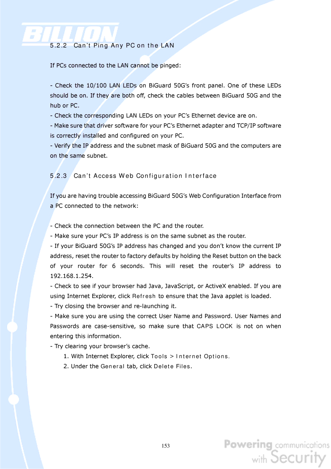 Billion Electric Company BiGuard 50G user manual 2 Can’t Ping Any PC on the LAN, 3 Can’t Access Web Configuration Interface 