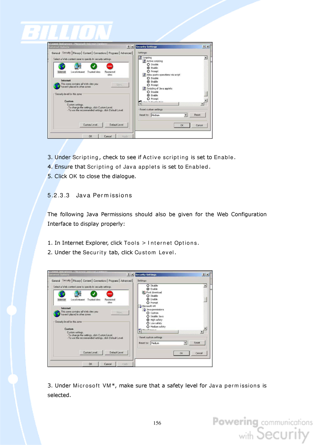 Billion Electric Company BiGuard 50G user manual Java Permissions, Ensure that Scripting of Java applets is set to Enabled 