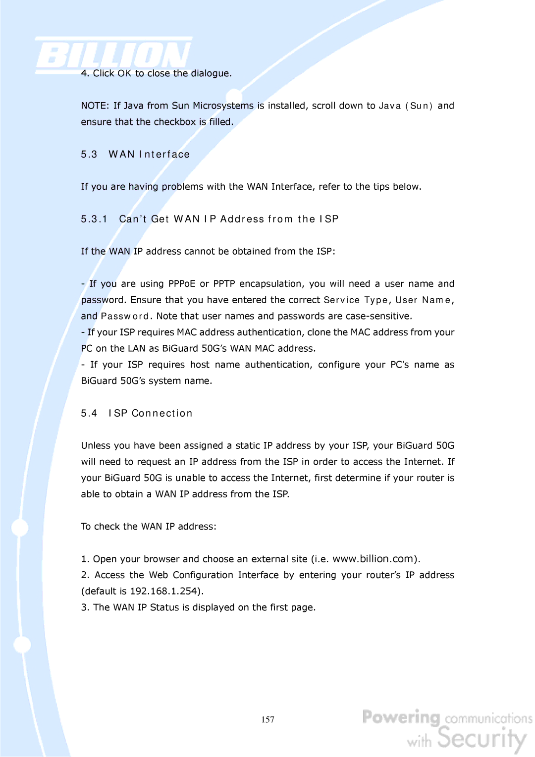 Billion Electric Company BiGuard 50G user manual WAN Interface, 1 Can’t Get WAN IP Address from the ISP, ISP Connection 