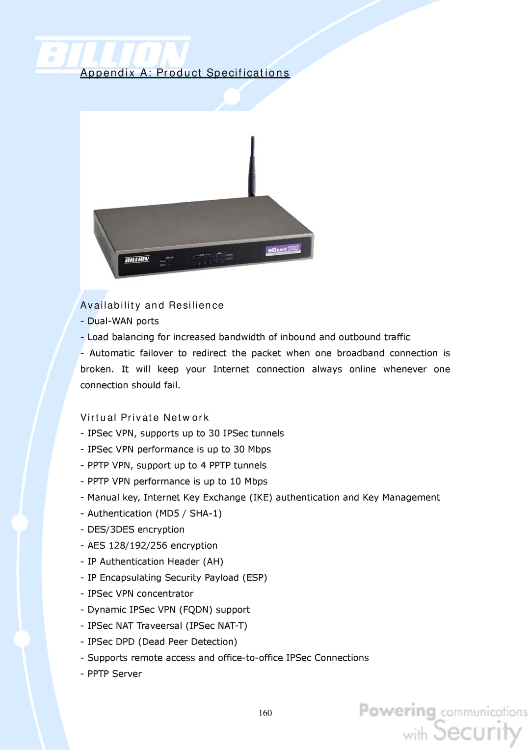 Billion Electric Company BiGuard 50G user manual Availability and Resilience, Virtual Private Network 