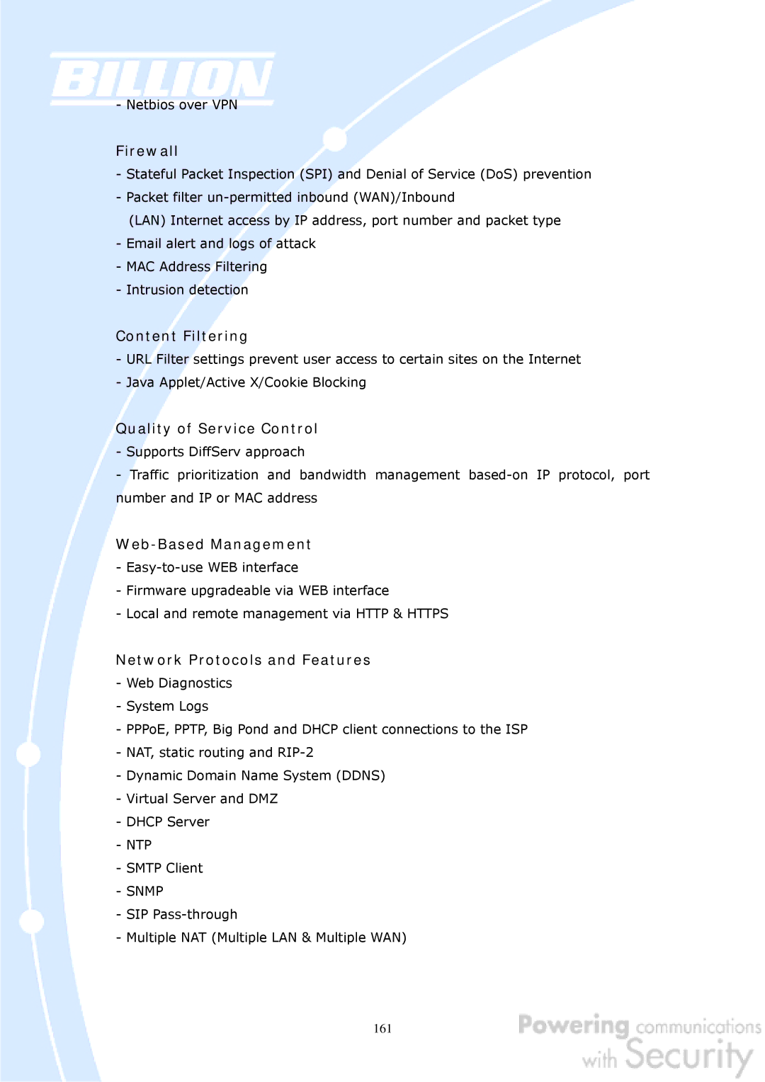 Billion Electric Company BiGuard 50G user manual Content Filtering, Quality of Service Control, Web-Based Management 