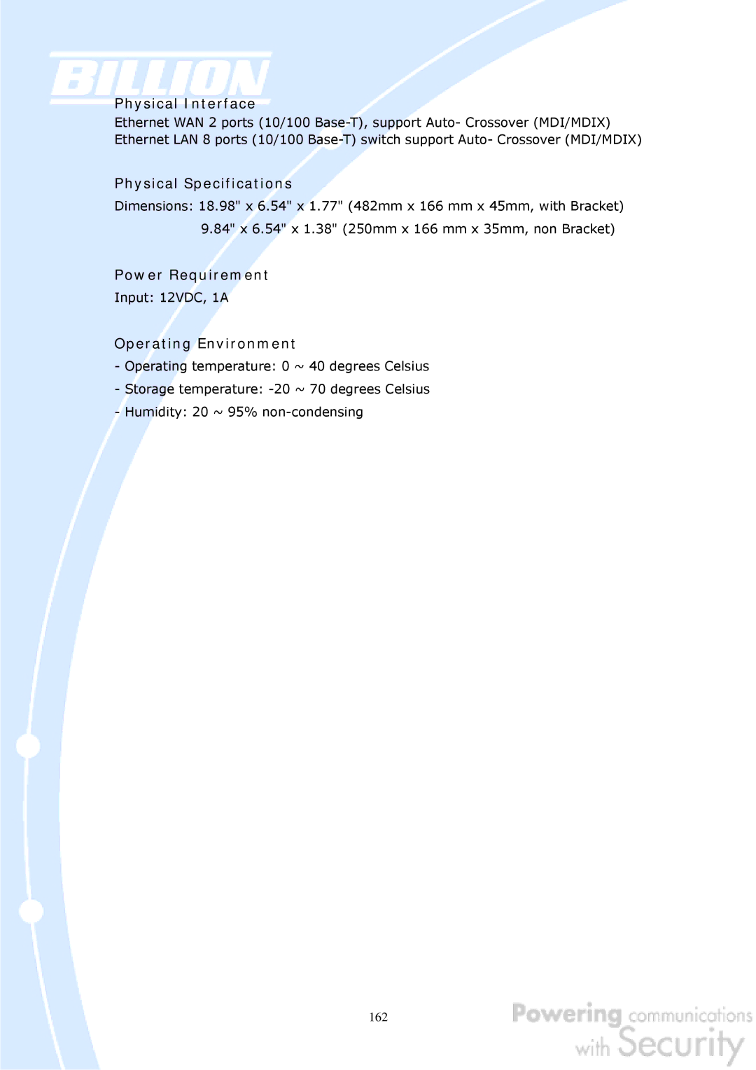 Billion Electric Company BiGuard 50G Physical Interface, Physical Specifications, Power Requirement, Operating Environment 